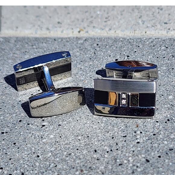 Vintage Rectangle Diamond Polished Stainless Steel Titanium 18k Gold Cufflinks - Picture 3 of 12